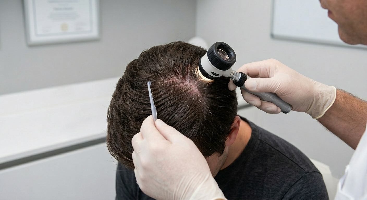 Specialist examining a patient's scalp with a dermatoscope after a hair transplant